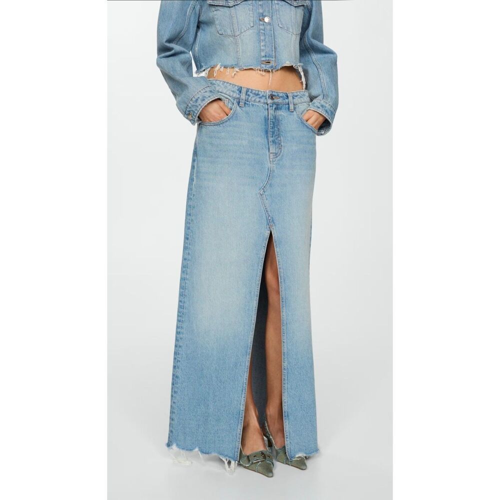 MNG Blue Denim Skirt with Frayed Hem Size Small